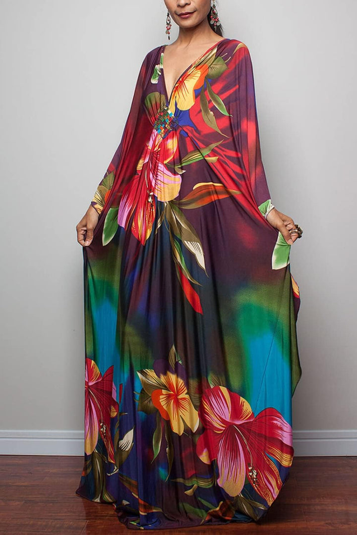 YouKD Sommer Geblümter Loser Kaftan Boho-Strand Bikini Aufdecken Kleid Plus Grösse Robe für Damen Ei