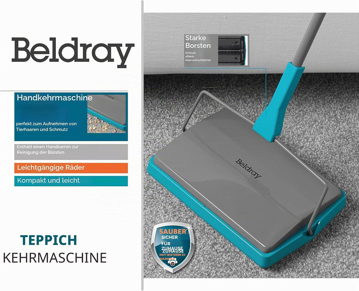 Beldray LA024855TQ Manuelle Teppichkehrmaschine, Teppichkehrer ohne Strom mit Bürstenkamm, Haustierh