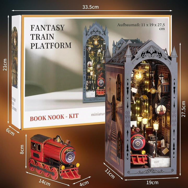 DIY Book Nook Kit, Magischer Bahnsteig Puppenhäuser Miniatur Haus Kit mit Staubschutzhülle LED-Licht
