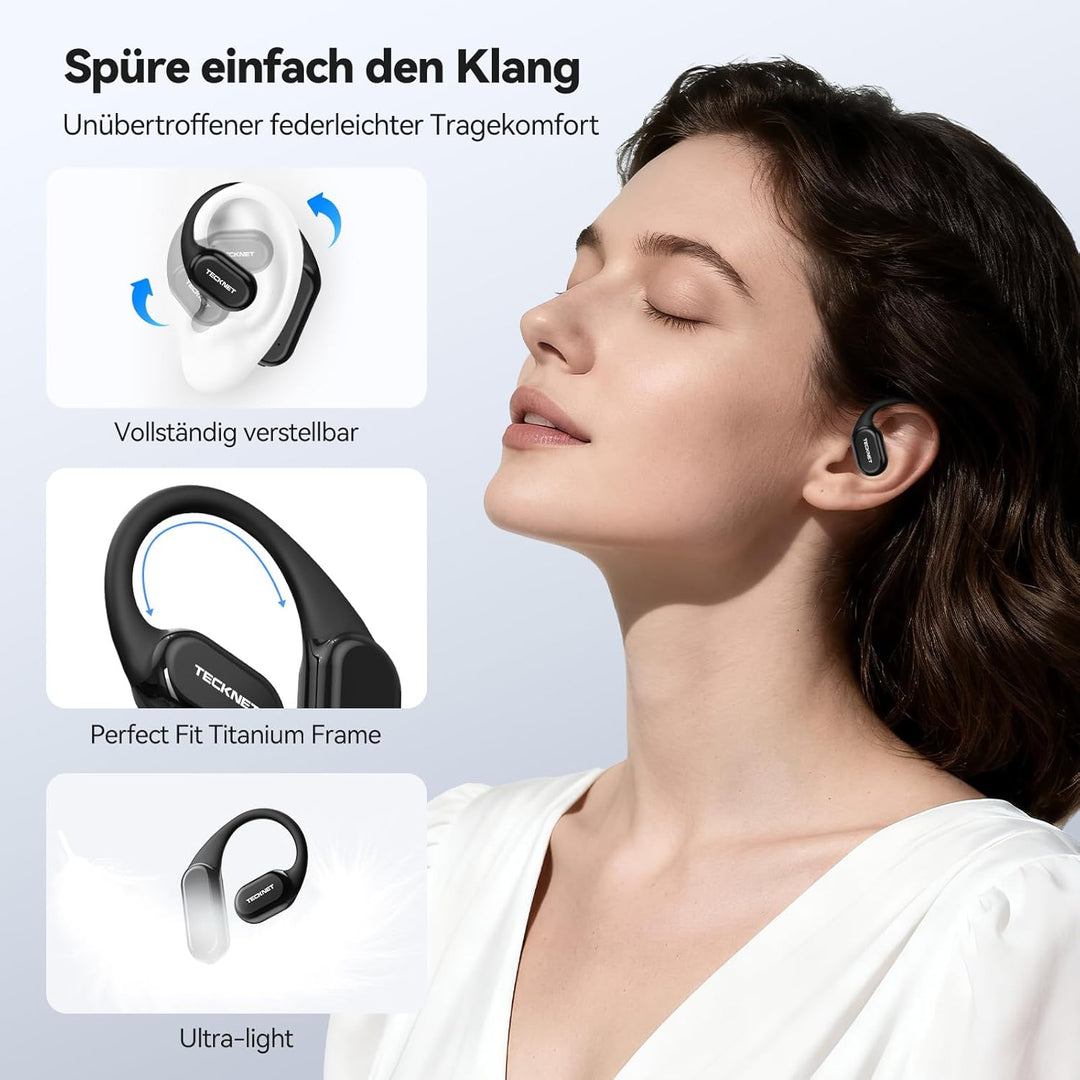 TECKNET Kabellose Open-Ear-Kopfhörer, Kopfhörer Kabellos Bluetooth, Knochenschall Ohrbügel, IP68 Was