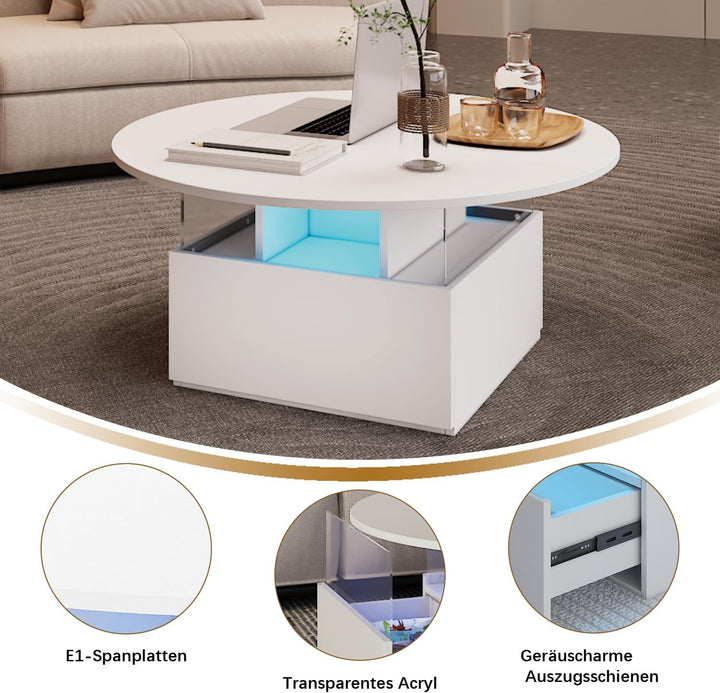 KEEPREAPER Couchtisch rund, Wohnzimmertisch mit 16-Farbiger LED Beleuchtung, für Wohnzimmer 80 x 80