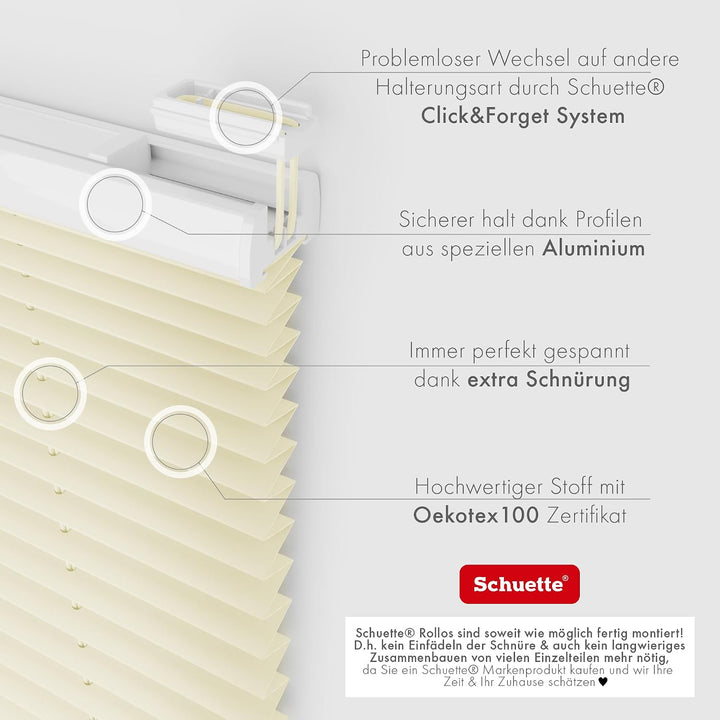 Schuette® Plissee ohne Bohren ● Premium Kollektion: Vanilla Ice Cream (Creme) ● 85x120cm (Breite x H