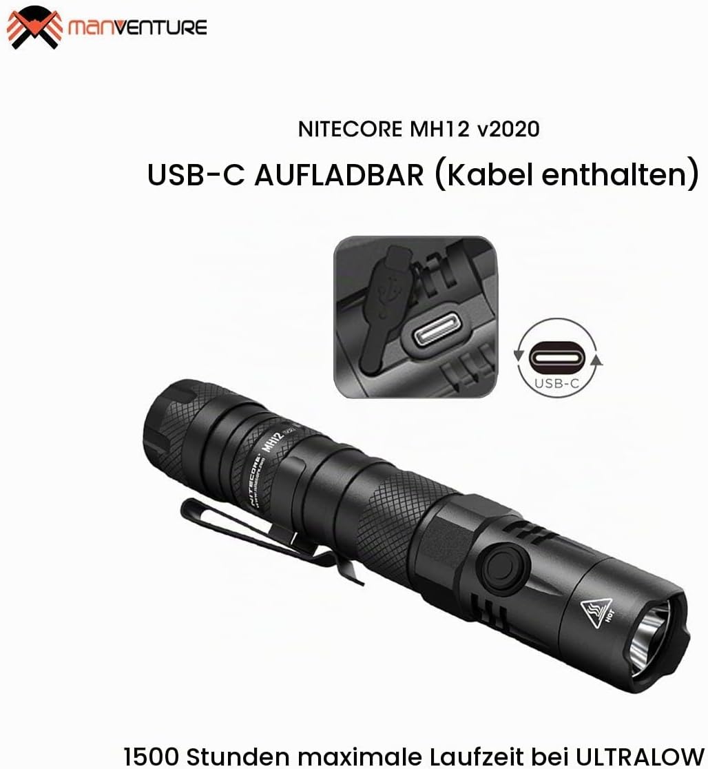 Nitecore MH12 V2 taktische Lampe – 1200 Lumen Taschenlampe wiederaufladbar – IP68 wasserdicht (21700