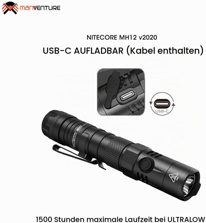 Nitecore MH12 V2 taktische Lampe – 1200 Lumen Taschenlampe wiederaufladbar – IP68 wasserdicht (21700