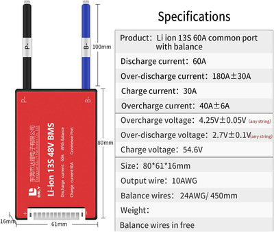 DALY BMS 13S 48V 60A Li-Ion Akku-Schutzplatine mit Balance-Leitungen BMS für 18650 Akku Pack 48V