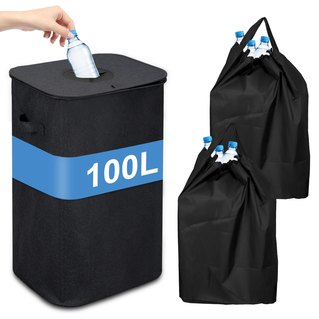 Pfandflaschen Sammelbehälter 100L mit Deckel &amp; 2X Tragetasche, Behälter Leergut &amp; Altglas Aufbewahru