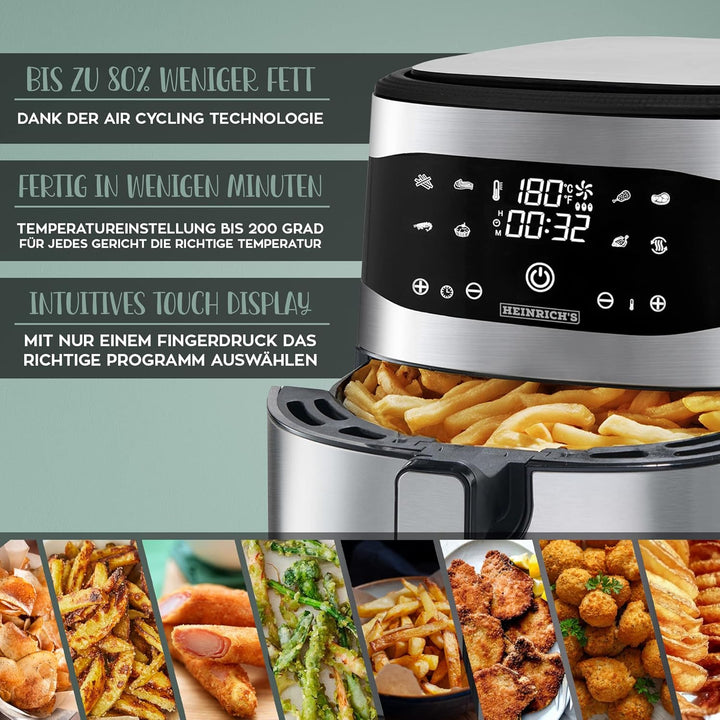 HEINRICHS Heissluftfritteuse Air Fryer aus Edelstahl mit digitalen LED-Display LCD Touch Display, 8