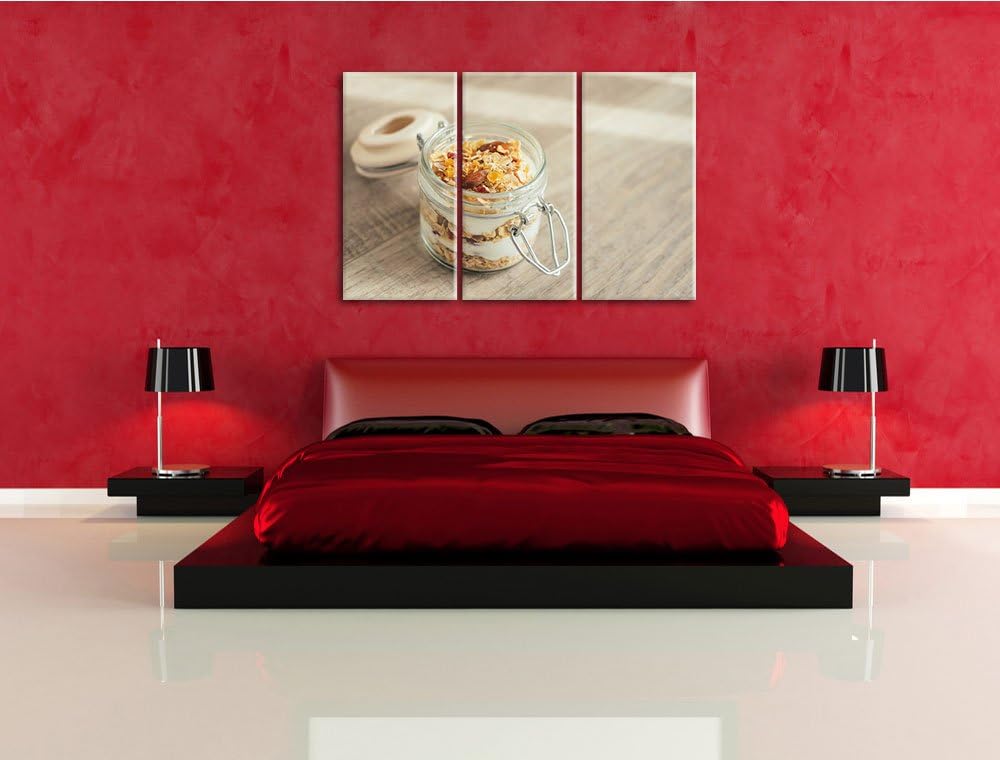 Jogurt Müsli im Glas als 3-Teiler Leinwandbild 120x80 Bild auf Leinwand, XXL riesige Bilder fertig g