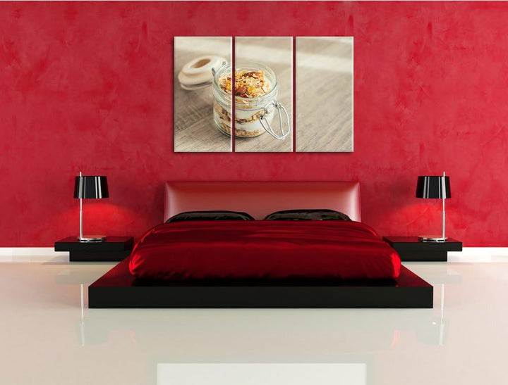 Jogurt Müsli im Glas als 3-Teiler Leinwandbild 120x80 Bild auf Leinwand, XXL riesige Bilder fertig g