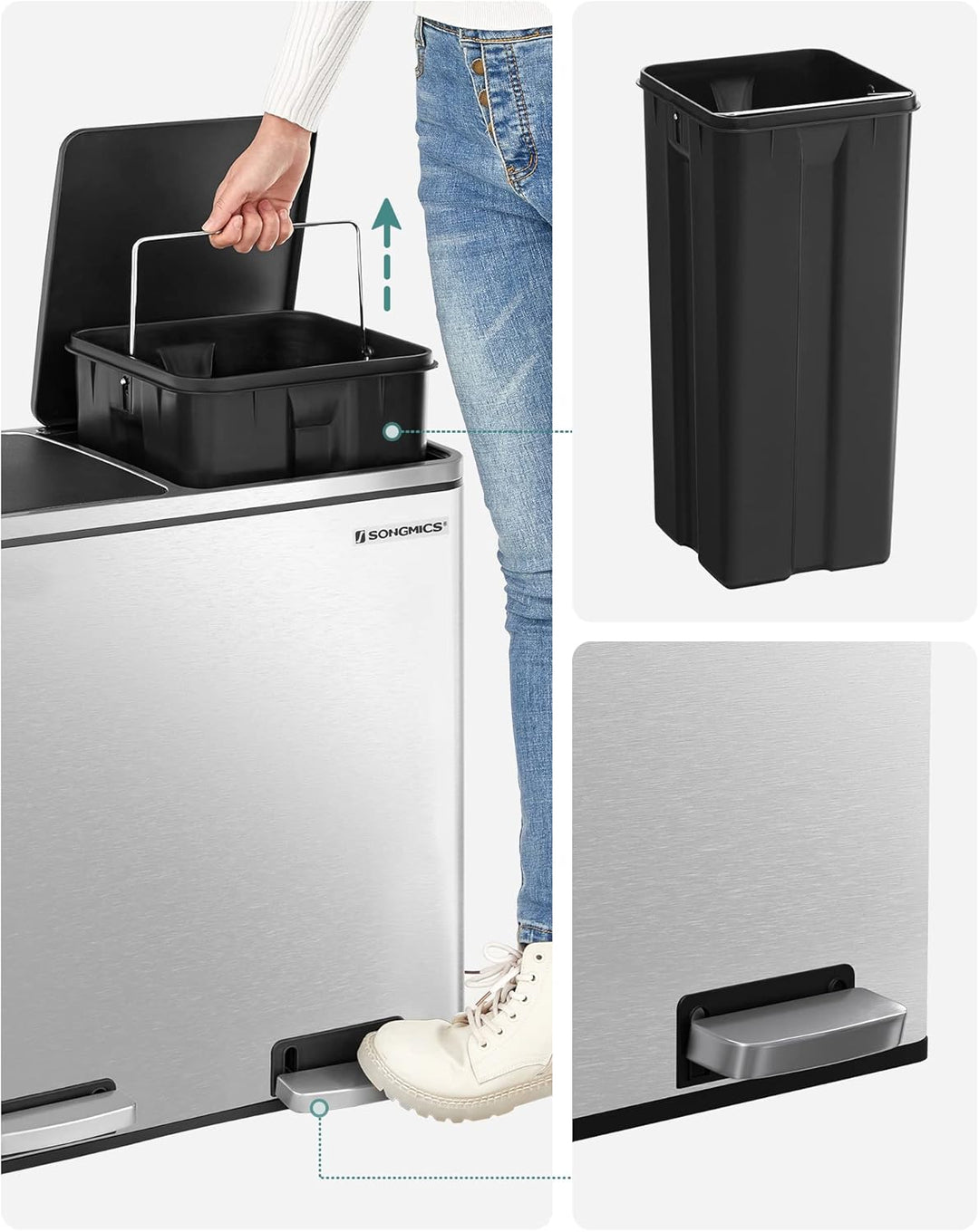 SONGMICS Mülleimer, Abfalleimer, Mülltrennsystem mit 2 Fächern, Treteimer für die Küche, 2 x 24 L, S