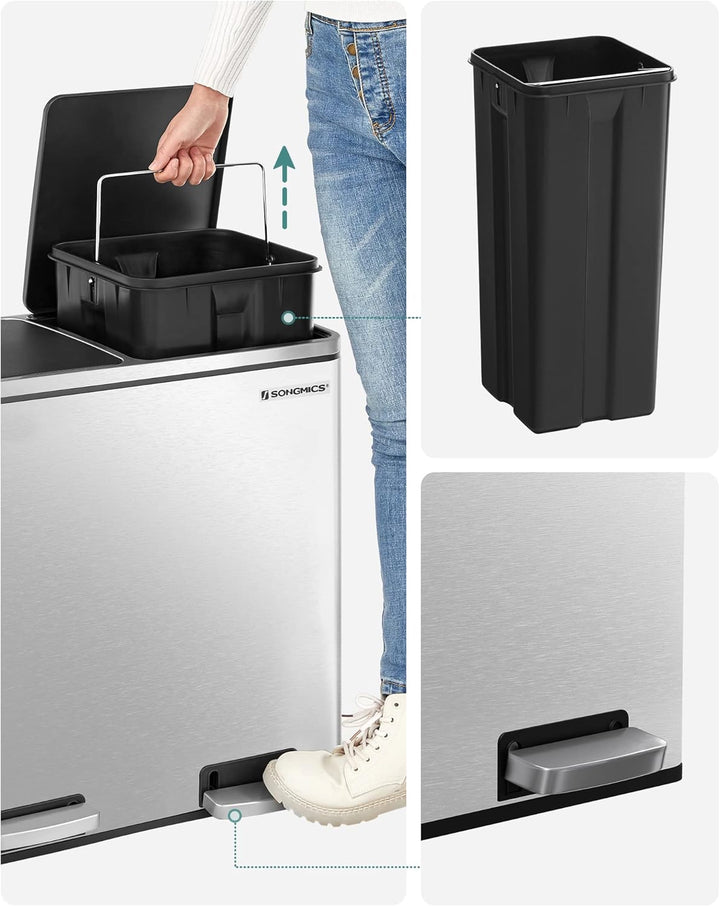 SONGMICS Mülleimer, Abfalleimer, Mülltrennsystem mit 2 Fächern, Treteimer für die Küche, 2 x 24 L, S
