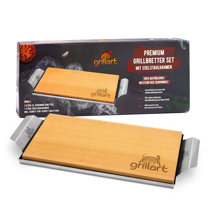 grillart® Premium Räucherbretter aus Zedernholz mit hochwertigem Edelstahlrahmen für eine einfache H