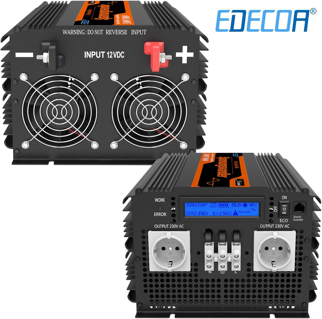 EDECOA Wechselrichter 12v auf 230v Reine Sinus Spannungswandler 3500W und LCD-Bildschirm mit Fernbed