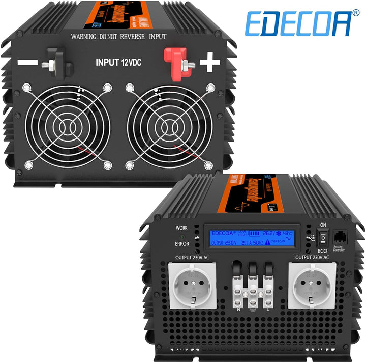 EDECOA Wechselrichter 12v auf 230v Reine Sinus Spannungswandler 3500W und LCD-Bildschirm mit Fernbed