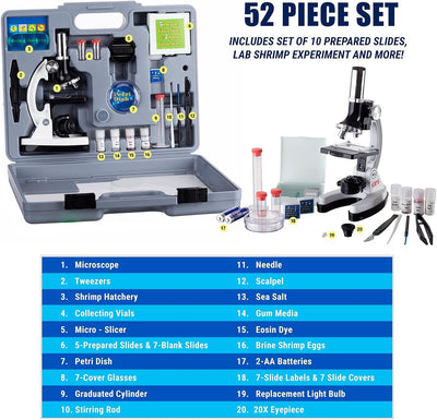 AmScope M30-ABS-KT2-W 52-TLG Kinder-Anfängermikroskop mit LED-Licht und Tragebox, 120X-1200X, 40cm x