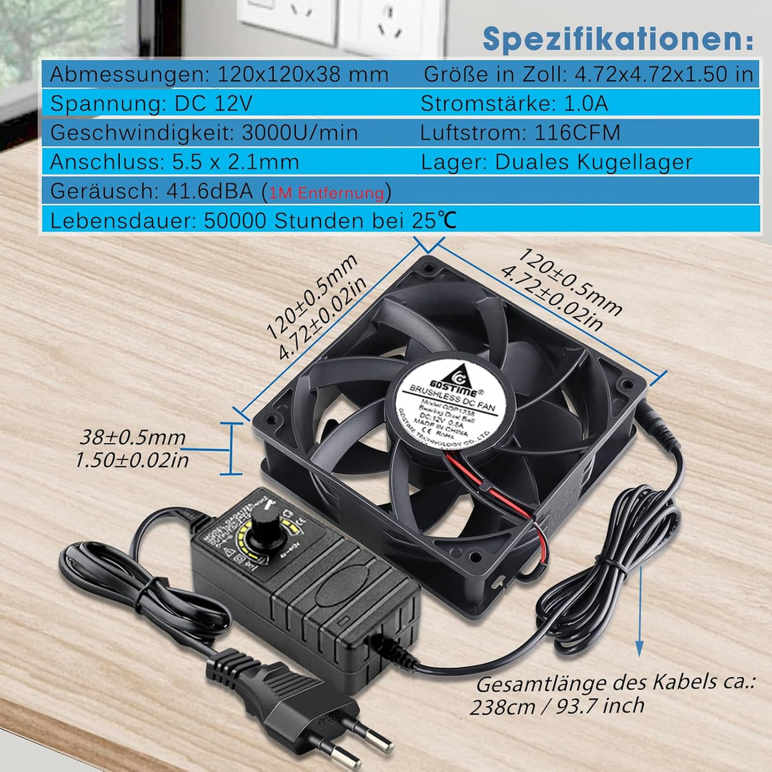 GDSTIME Lüfter 220v Lüfter 12V 120 x38mm Lüfter 230V mit AC Geschwindigkeit Kontrolle DC 3V -12V Küh
