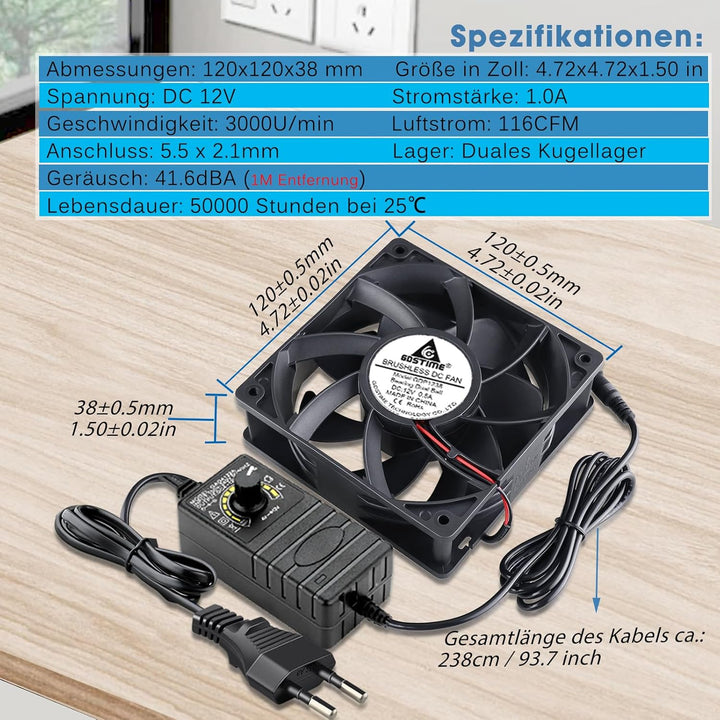 GDSTIME Lüfter 220v Lüfter 12V 120 x38mm Lüfter 230V mit AC Geschwindigkeit Kontrolle DC 3V -12V Küh