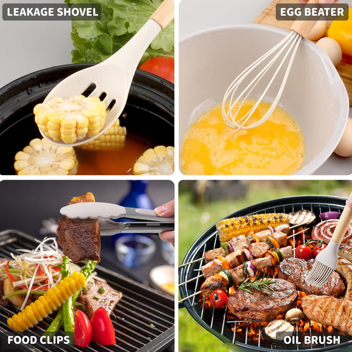 BASVII Küchenhelfer Set Silikon - 12 Stück Küchenutensilien Set aus Silikon und Holzgriffen, Hitzebe