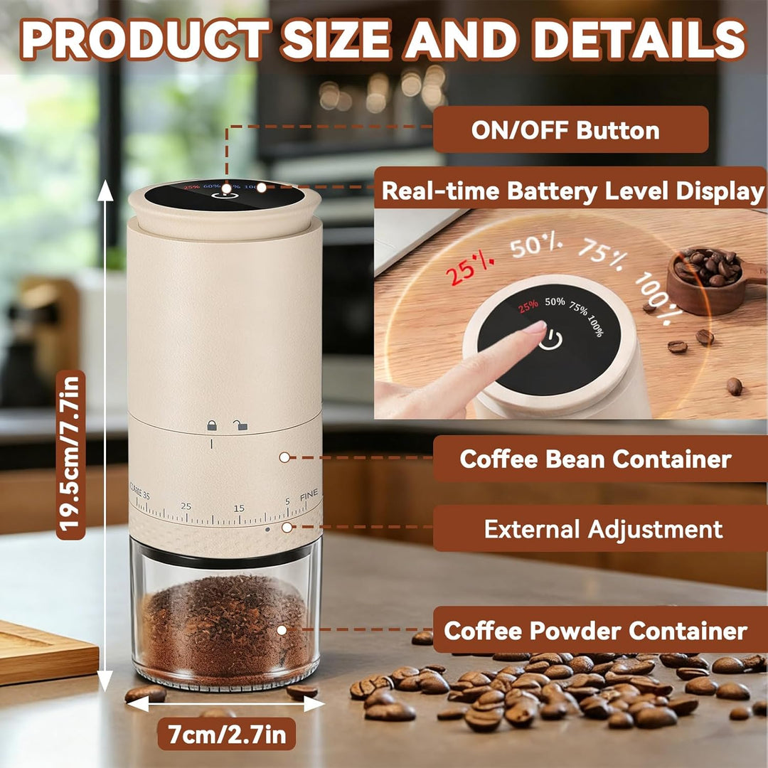 Kaffeemühle Elektrisch, USB Wiederaufladbare Tragbare Kaffemühle, Konische Mühle für Espresso mit LE