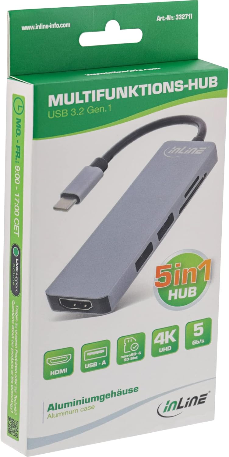 InLine® Multifunktions-Hub USB 3.2 Gen.1, 2X USB-A 5Gb/s + HDMI 4K/30Hz + Cardreader, Aluminium, gra