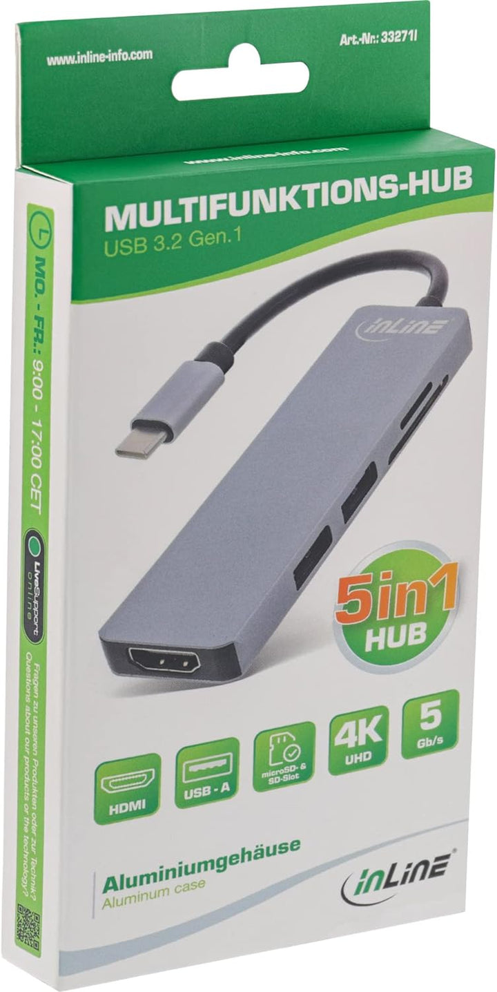 InLine® Multifunktions-Hub USB 3.2 Gen.1, 2X USB-A 5Gb/s + HDMI 4K/30Hz + Cardreader, Aluminium, gra