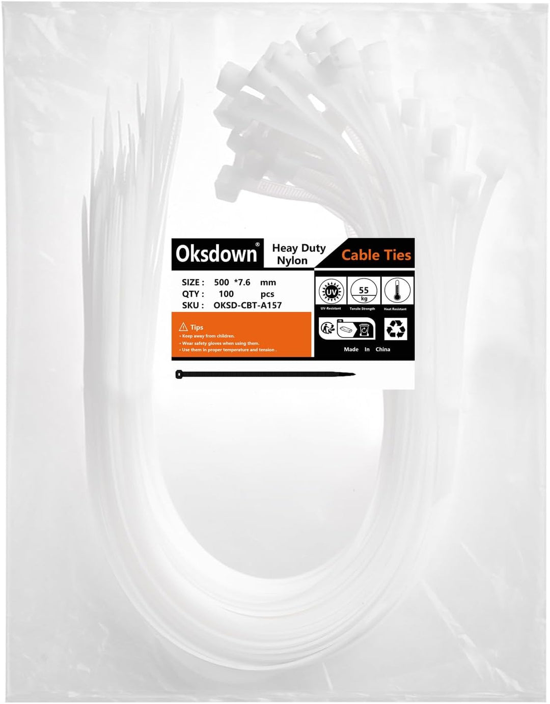 Oksdown 500mm × 7,6mm Breit 100 Stück Stark Kabelbinder mit 55 kg Zugfestigkeit weiss UV-Beständig G