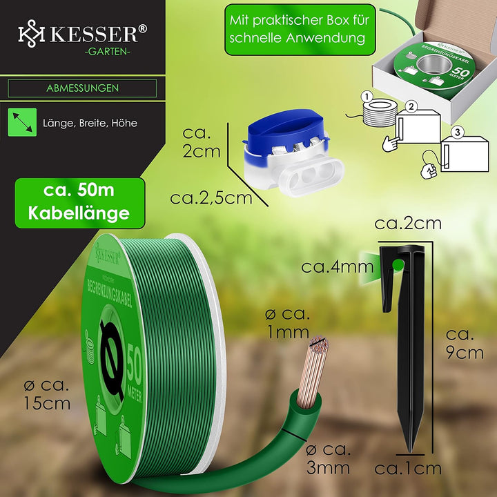 KESSER® Begrenzungskabel 50m + 200 Erdspiesse + 12 Kabelverbinder für Mähroboter Rasenmäher Rasenrob