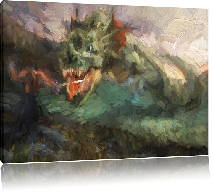 Pixxprint Drache kämpft gegen Krieger als Leinwandbild/Grösse: 100x70 cm/Wandbild/Kunstdruck/fertig
