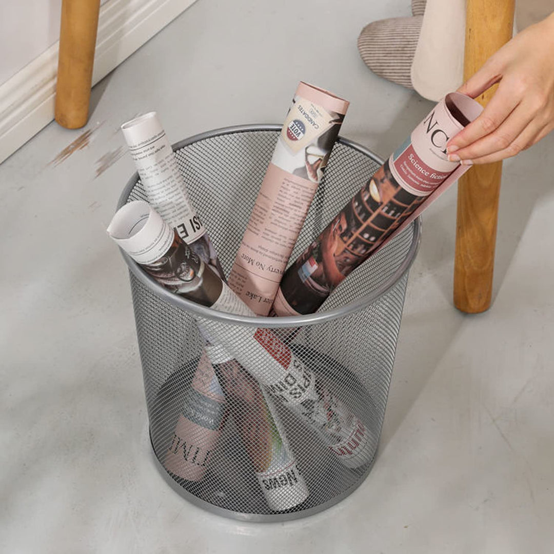 SENENQU 3 Stück Papierkorb Büro Metall, 12L Büro Mülleimer Silber Metall Gitter, Kleine Papierkorb M