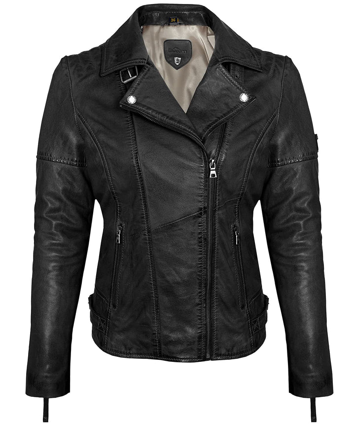 Blueorn Heeda Damen Lederjacke Übergangsjacke aus feinstem Lammnappa Leder - Modernen Bikerjacke Ech