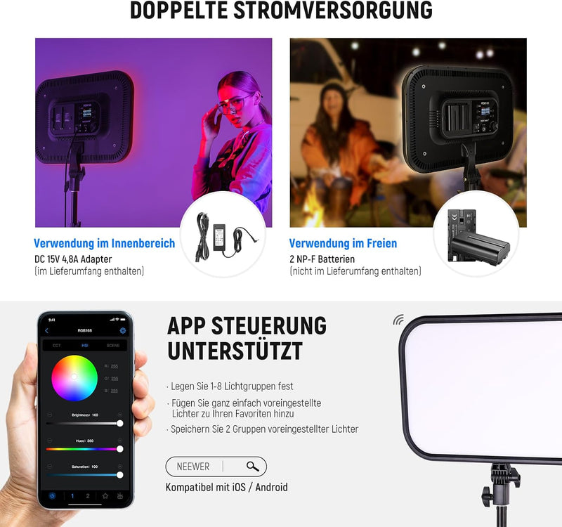 NEEWER RGB168 18,3" 60W RGB LED Videoleuchte Panel Set mit Stative Ständer App Steuerung 360°Vollfar