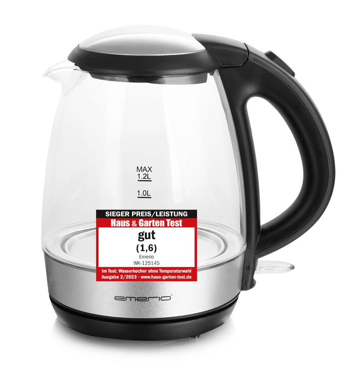 Emerio Glas Wasserkocher, 1.2 Liter, 2200 Watt, LED Innenbeleuchtung, 360° Basis, Borosilikatglas, B