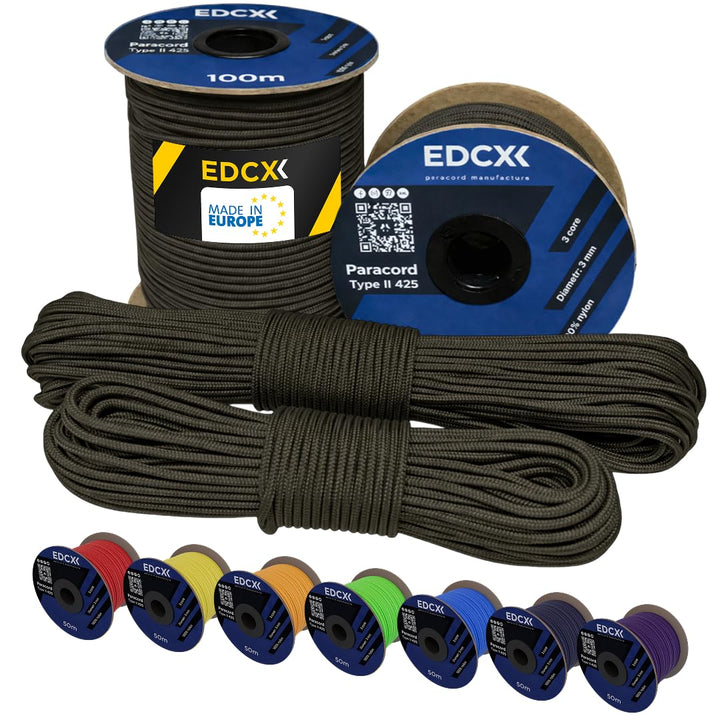 EdcX 3mm Nylon Paracord 425 (50 und 100m) - Typ II, 100% Nylonseil, 3 Litzen Seil, 3mm Nylonseil in