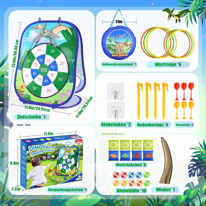 5-in-1 Dinosaurier/Einhorn Wurfspiel Dartboard mit Pfeilen, Sitzsäcken, Bällen, Ringwurf, tragbare O
