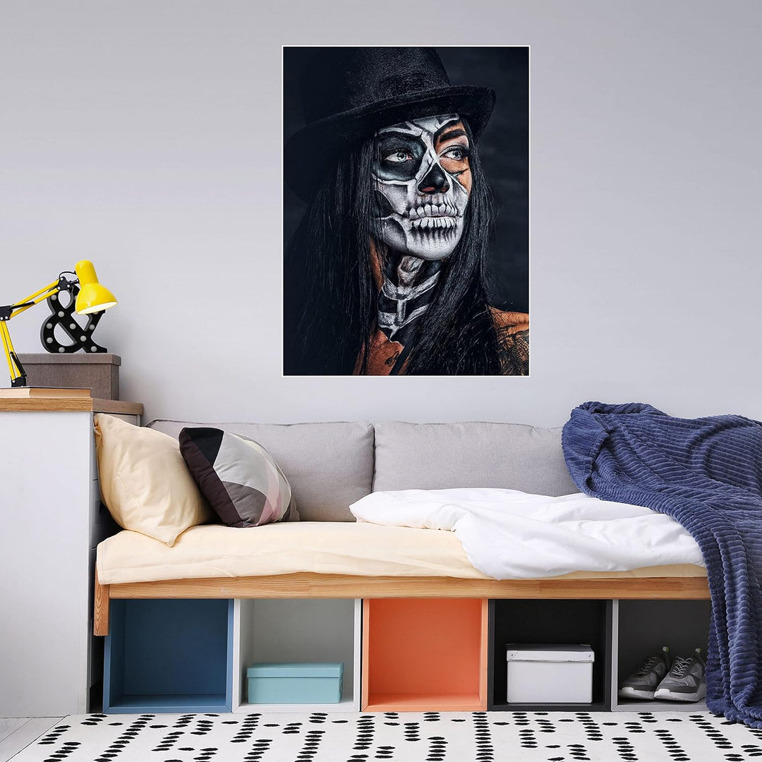 wandmotiv24 Poster als Wanddeko, Grösse 80x60cm, Model mit Totenkopf Makeup, Schminke, Hut, Frau, Mo