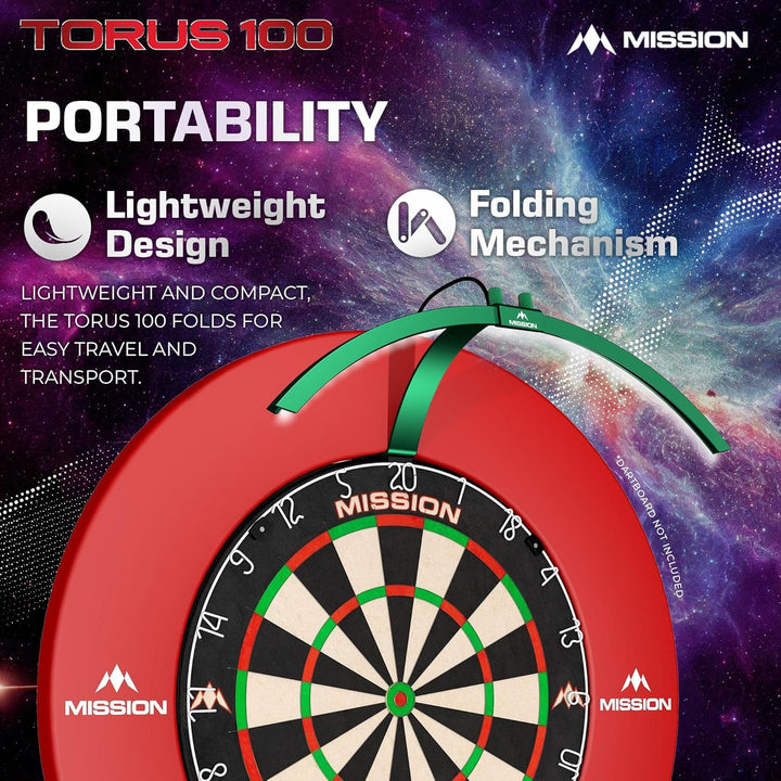 Mission Darts TOR100 Torus 100 | Dartscheibe LED klappbar tragbar Dartscheibe Reise Beleuchtungssyst