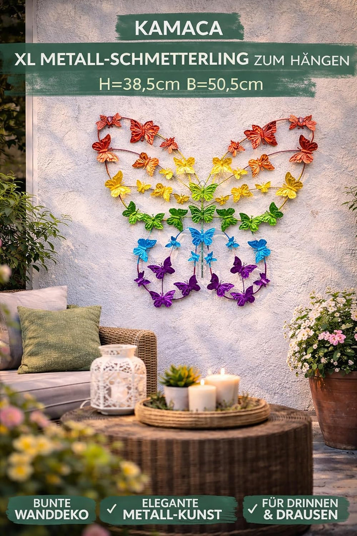 KAMACA XL Metall Schmetterling Wanddeko Bunt 50,5 x 38,5 cm für Garten Balkon Terrasse Wandfigur Far