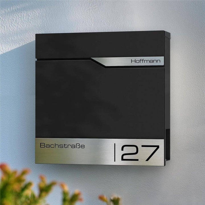 Metzler® Briefkasten mit App-Benachrichtigung und Zeitungsfach in Tiefschwarz RAL 9005 mit personali