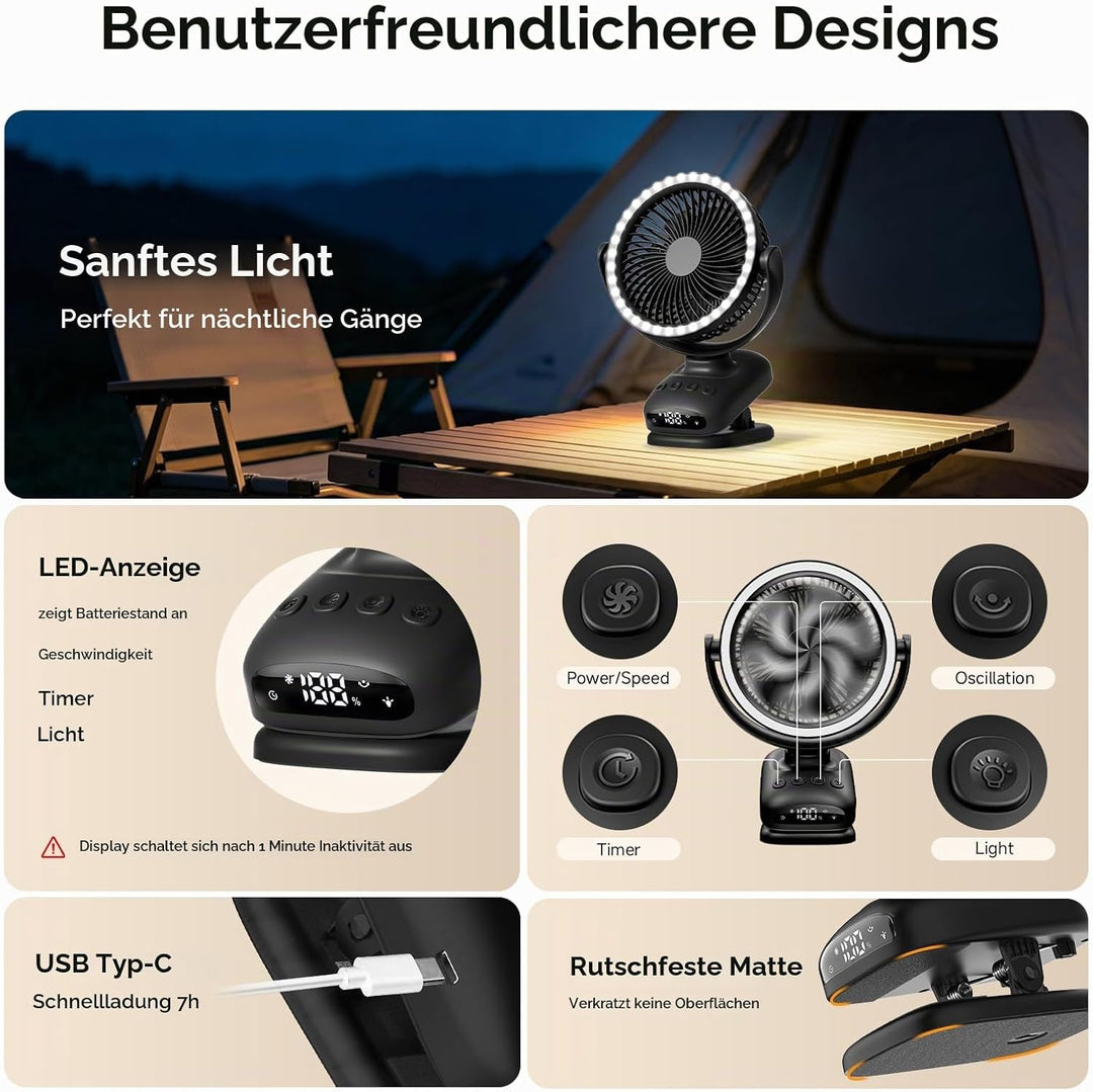 WUQNGI Mini Ventilator Leise,10000mAh USB Tischventilator Akku Aufladbar,Clip Ventilator Oszillieren