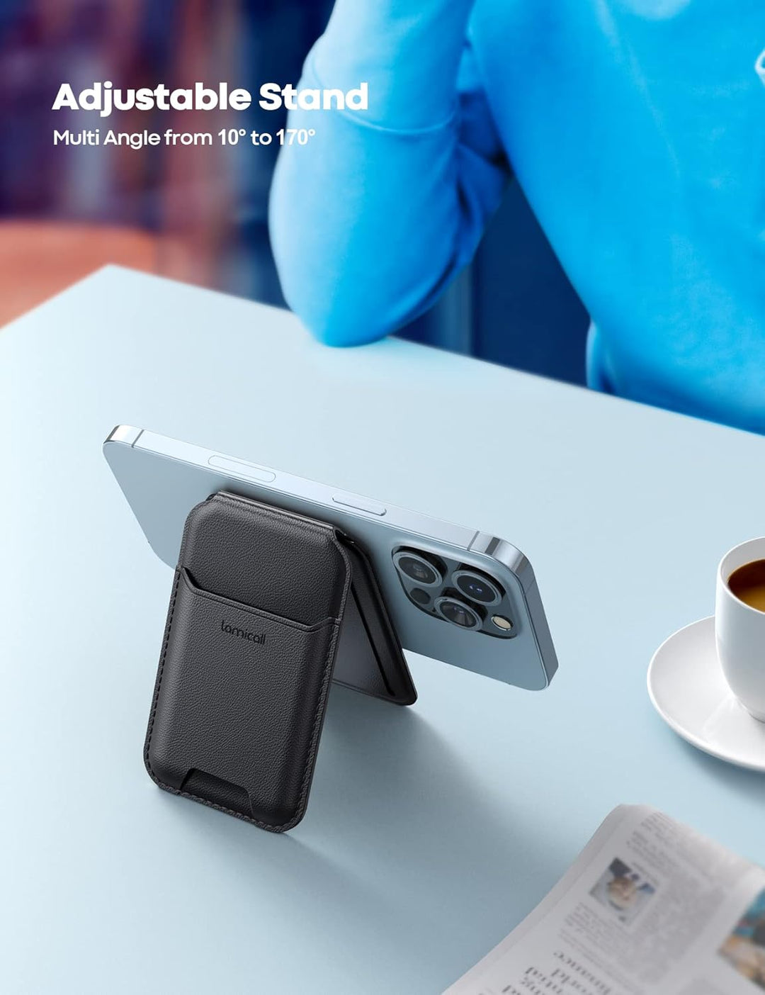 Lamicall Handy Kartenhalter für MagSafe Wallet - 2024 Vegan Leder Magnetischer Verstellbare Ständer,