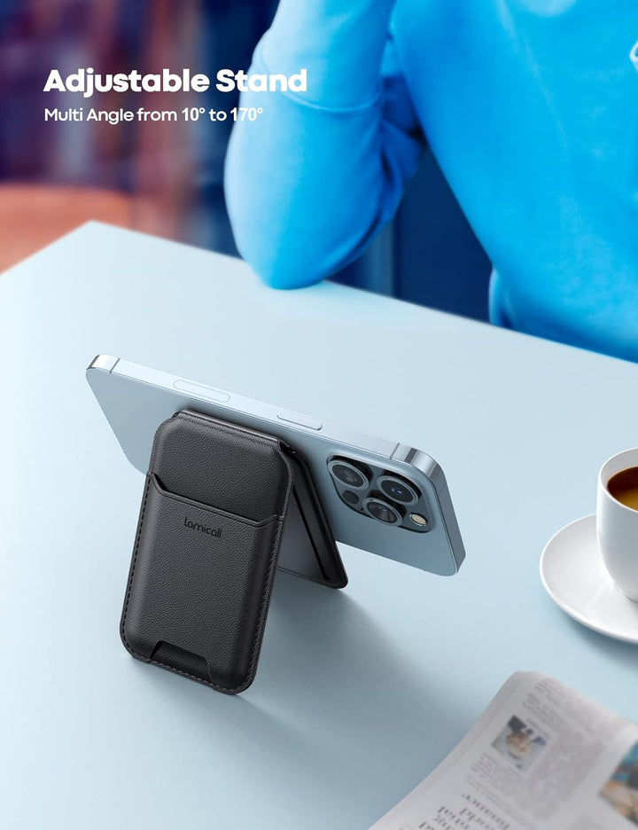 Lamicall Handy Kartenhalter für MagSafe Wallet - 2024 Vegan Leder Magnetischer Verstellbare Ständer,