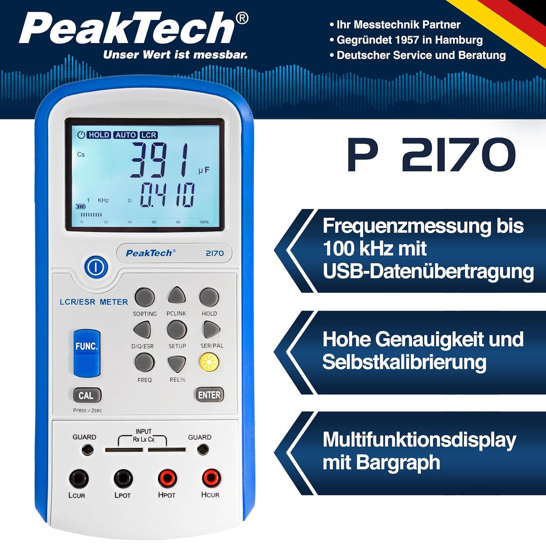 PeakTech 2170 – LCR-Meter, ESR-Messgerät mit USB inkl. Software, LCR Auto-Erkennung, Frequenz 1/120