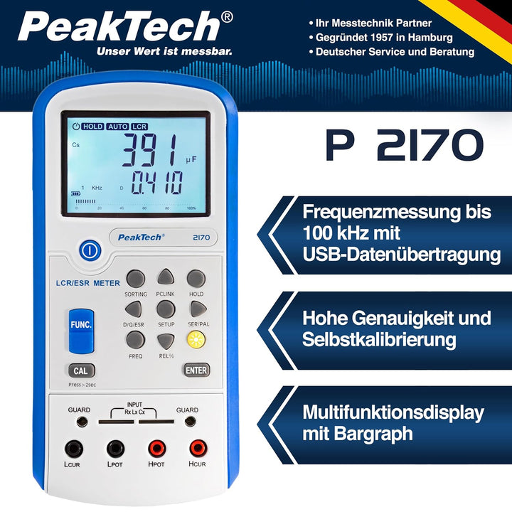 PeakTech 2170 – LCR-Meter, ESR-Messgerät mit USB inkl. Software, LCR Auto-Erkennung, Frequenz 1/120
