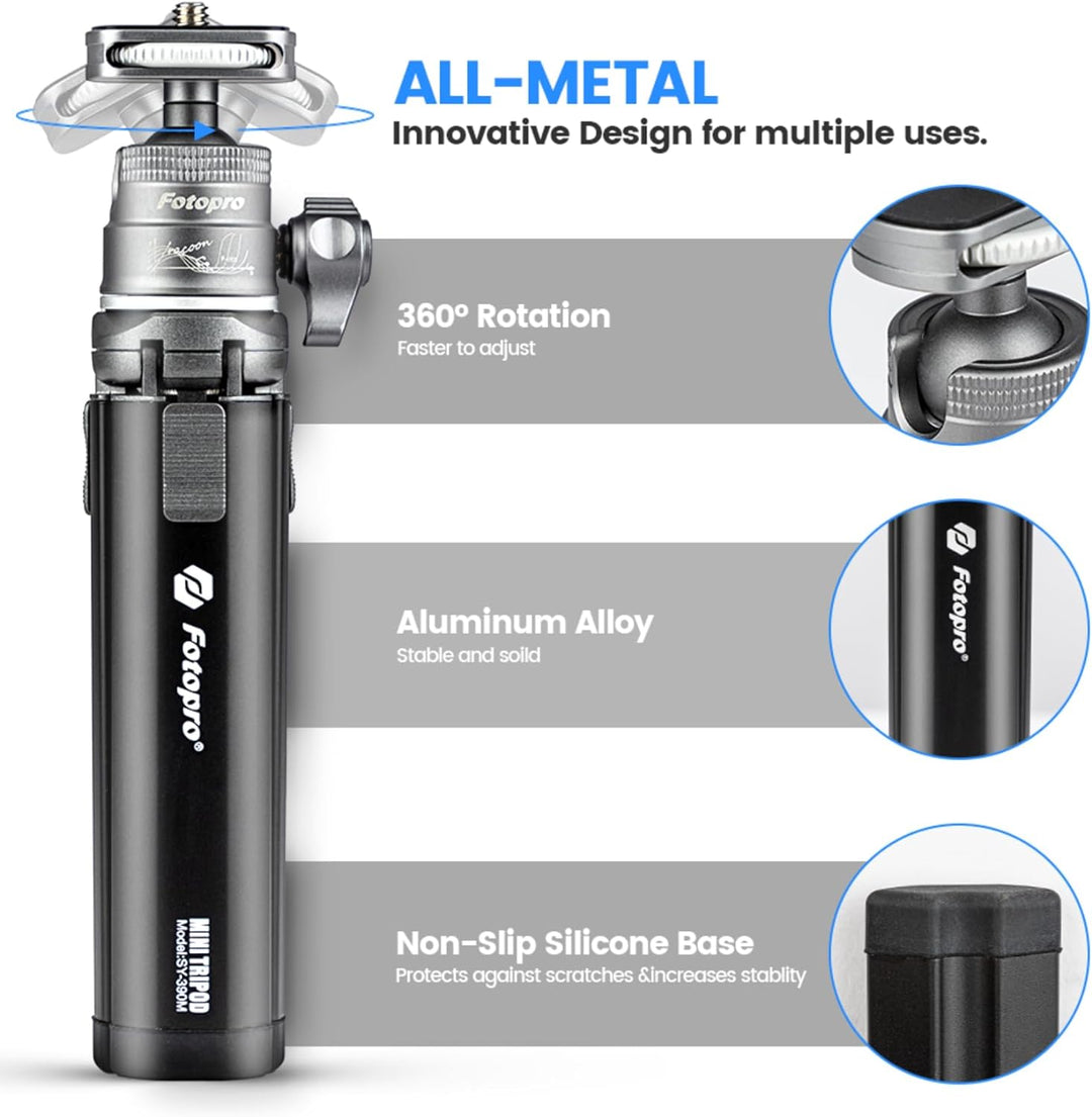 Fotopro Desktop-Stativ Alle Metallmaterialien Aluminiumlegierung 360-Grad-Kugelkopf 1/4 Zoll Schraub