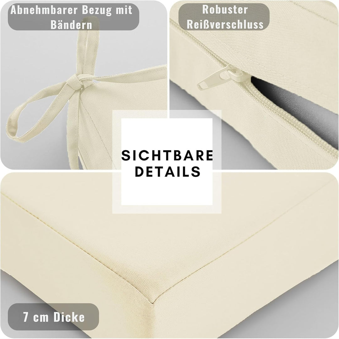 Outdoor Stuhlkissen 45x45, 2er Set mit Bändern, Creme | Wasserdichtes Sitzkissen mit Weicher Schaums