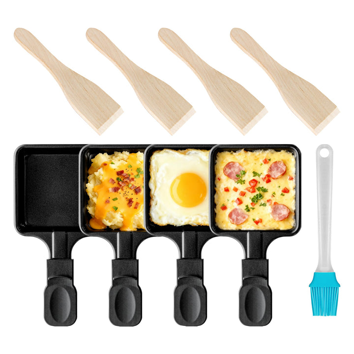 Pfännchen Mini 4 Stücke Antihaftbeschichtet Grill Pfännchen Viereckig Mini Raclette Grill mit 4 Holz
