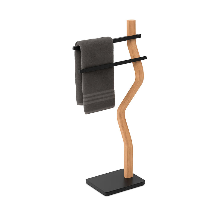 Relaxdays Handtuchständer, HxBxT: 86 x 37 x 18 cm, Metall, Holz, 2 Stangen, stehender Handtuchhalter