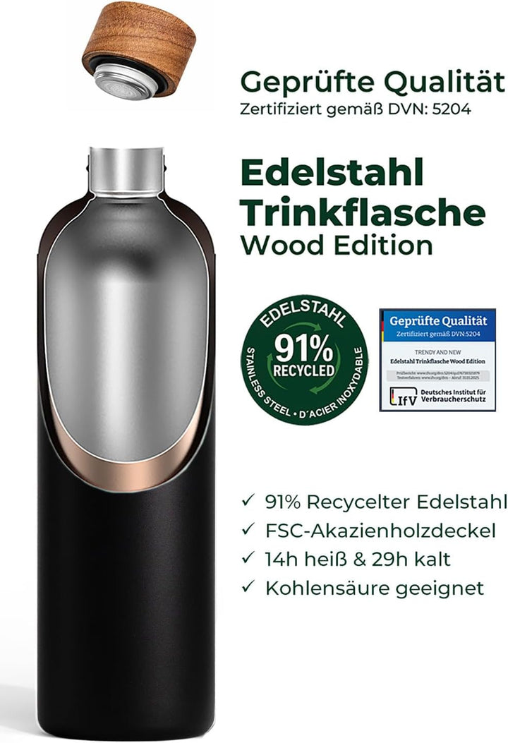 T&amp;N Edelstahl Trinkflasche 1 Liter, Thermosflasche 1l mit Akazienholz Deckel, Isolierte Wasserflasch
