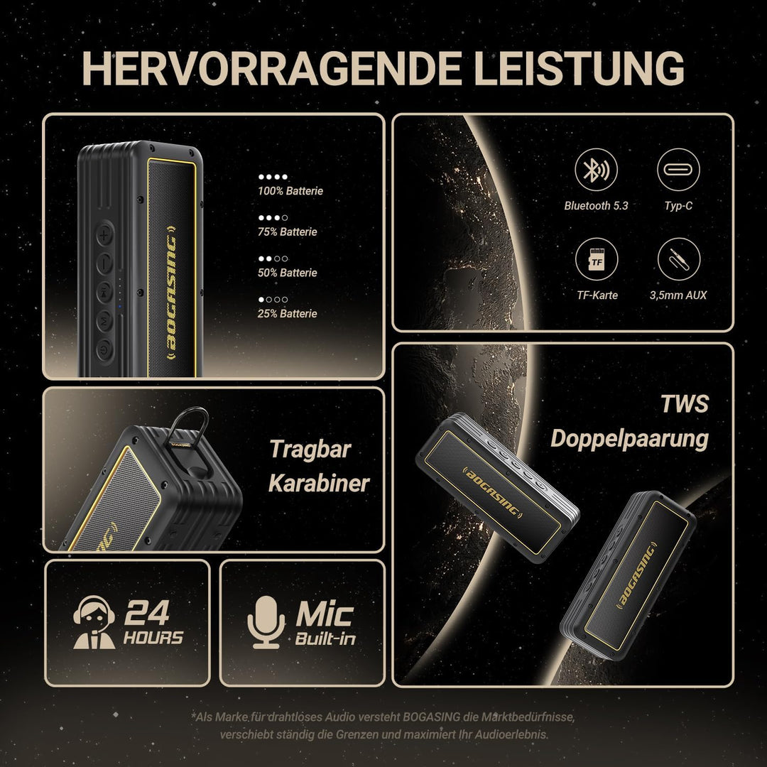 BOGASING G4 Bluetooth Lautsprecher, Bluetooth Box mit Tieferem Bass, 50W Kabelloser Tragbarer Boxen,
