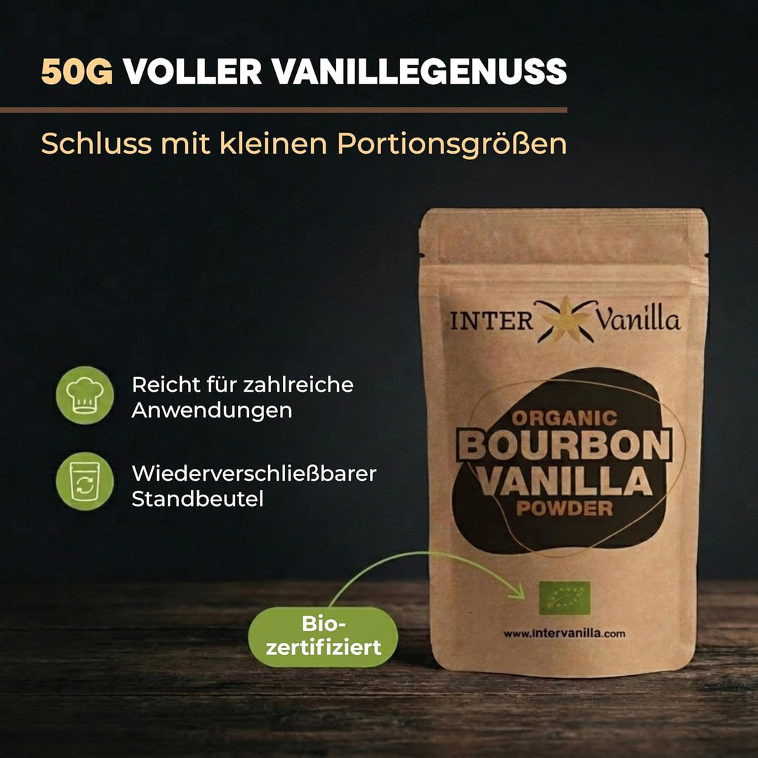 InterVanilla BIO Bourbon Vanillepulver, 50g Bourbon Vanille Pulver gemahlen. Vanilla Powder aus Mada